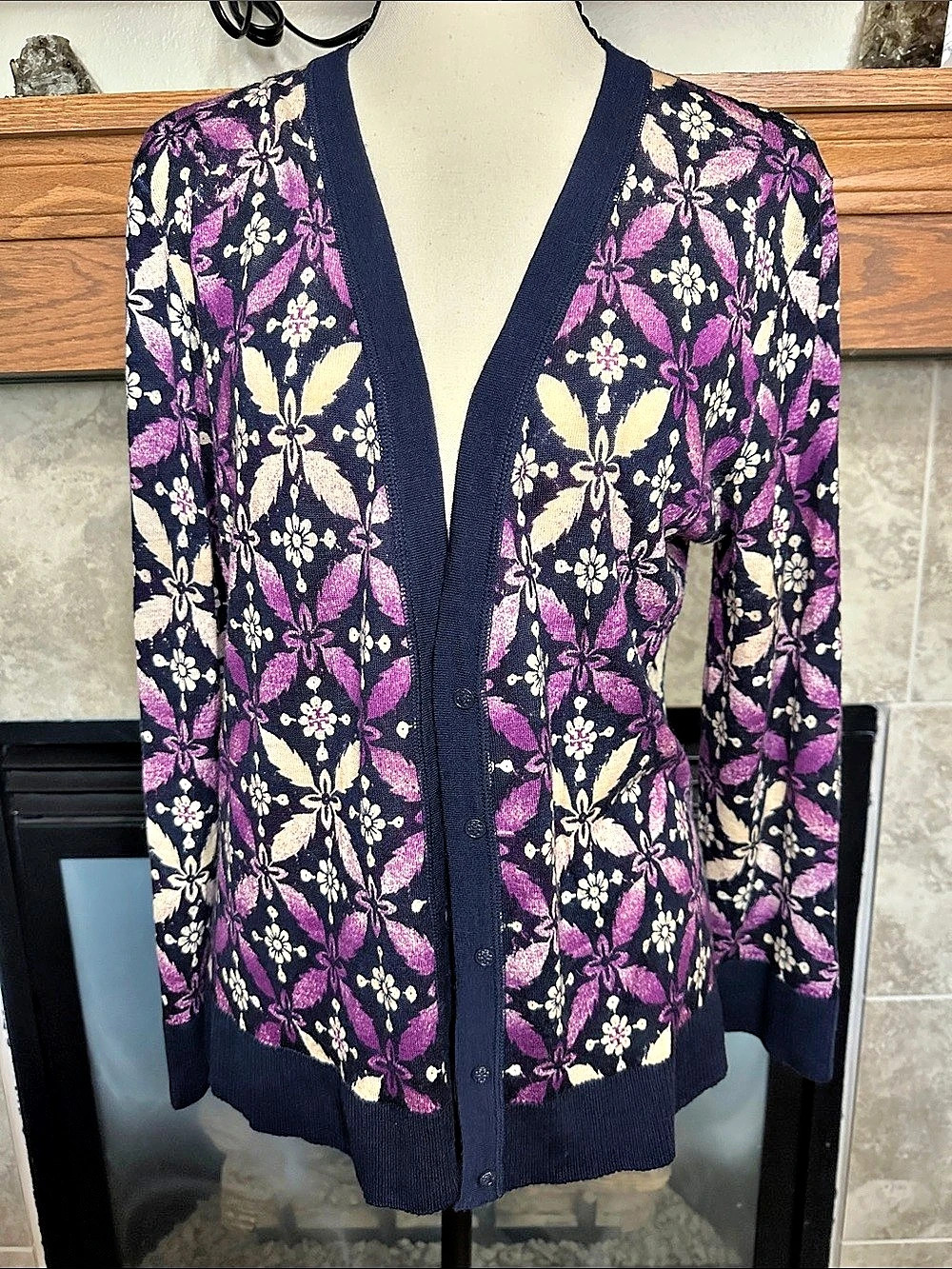 Tory Burch XL 100% Wool Floral Cardigan Navy Purple Button Front Sweater